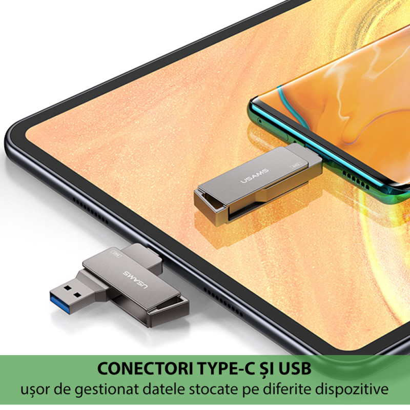 Memorie portabila, Usams Type-C + USB 3.0, 32Gb - Gri Metalic - 2