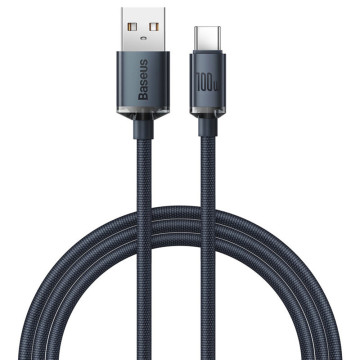Cablu pentru incarcare si transfer de date Baseus Crystal Shine, USB/USB Type-C, 100W, 2m, Negru - 1