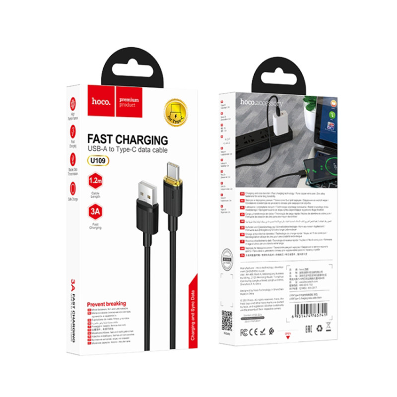 HOCO - Cablu de încărcare (U109) - USB-A la USB Type-C, PD 15W, 3A, 1,2 m - Negru - 3