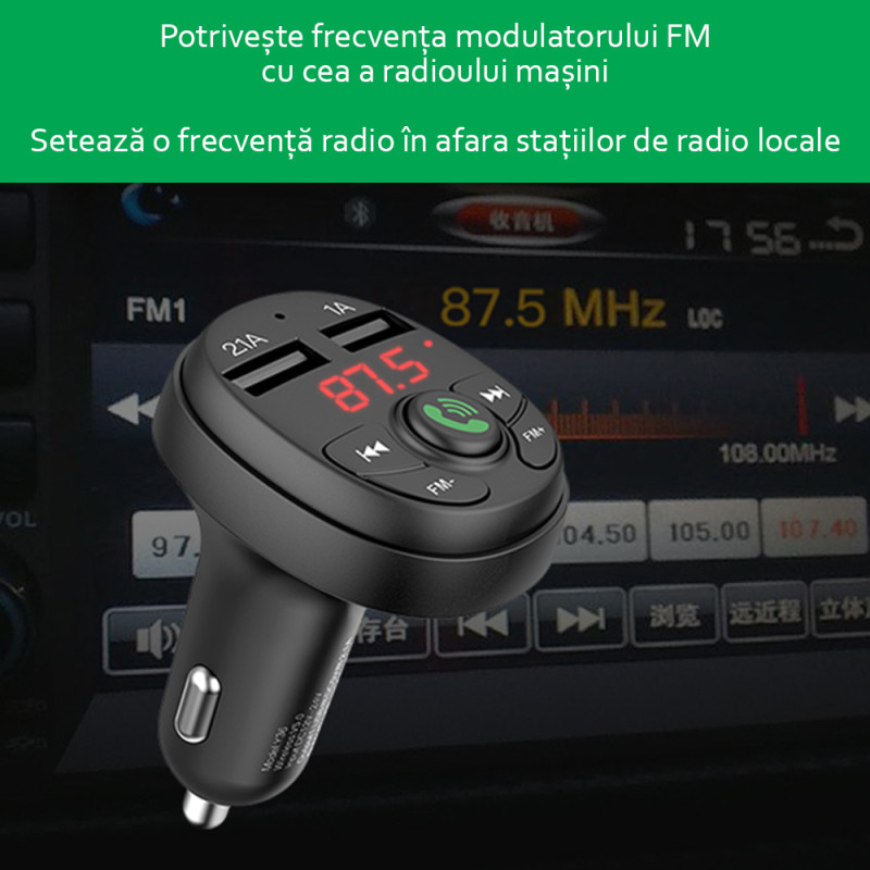 Incarcator auto Yesido Y36, modulator FM,Bluetooth 5.0, dual USB, afisaj LED, 2.1A, negru - 8