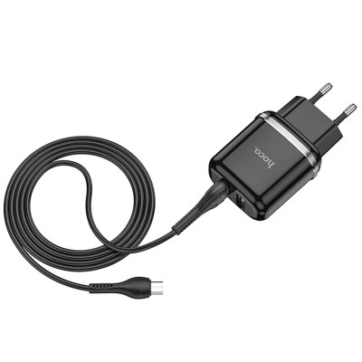 Set Incarcator Retea+Cablu Date Micro Usb Hoco N4 Aspiring 2xUSB 12W 2.4A 1m, Black - 1