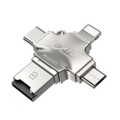 Cititor de Carduri MicroSD + Adaptor USB, Type-C, Lightning, Micro-USB - Yesido (GS13) - Silver - 1