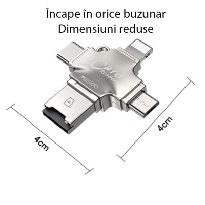 Cititor de Carduri MicroSD + Adaptor USB, Type-C, Lightning, Micro-USB - Yesido (GS13) - Silver - 4