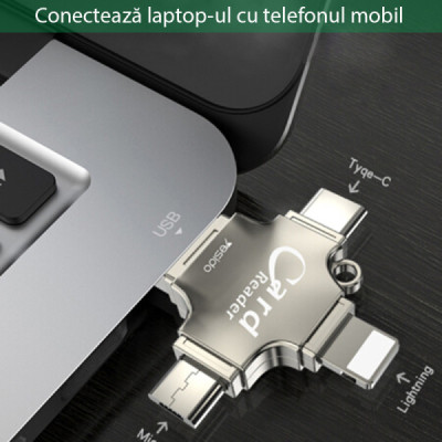 Cititor de Carduri MicroSD + Adaptor USB, Type-C, Lightning, Micro-USB - Yesido (GS13) - Silver - 7