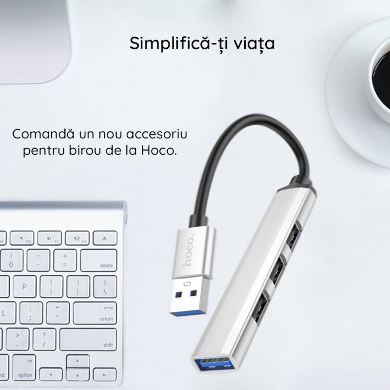 Hub USB 3.0 la 3 x USB 2.0, USB 3.0 Hoco HB26, gri - 5