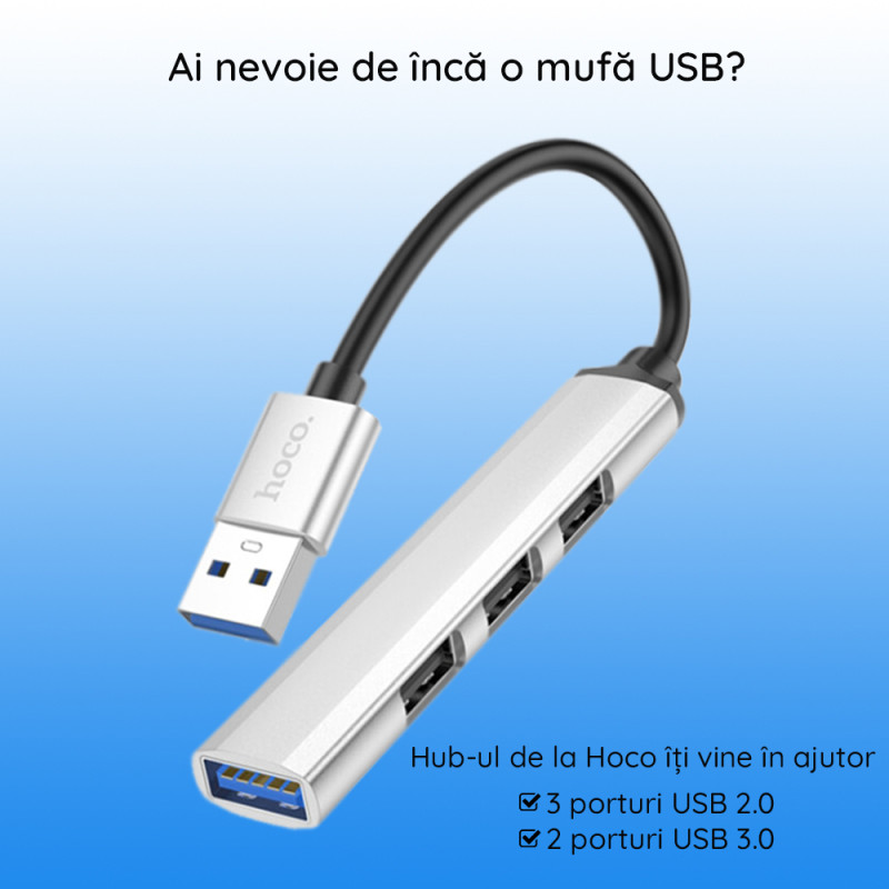 Hub USB 3.0 la 3 x USB 2.0, USB 3.0 Hoco HB26, gri - 6