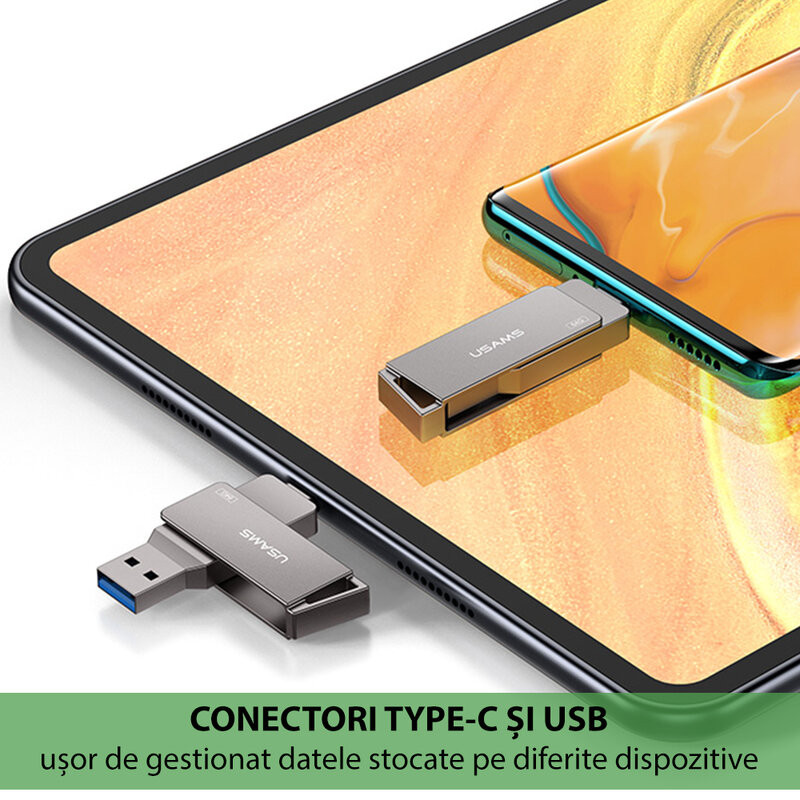 Stick de memorie USB, Type-C 128GB USAMS flash drive, gri, US-ZB201 - 3