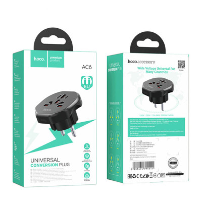 Adaptor Priza Universal PL/EU Plug / UK, 10A, 250V, 2500W - Hoco (AC6) - Black - 8