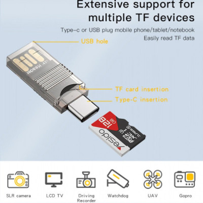 Cititor de Carduri TF, USB, Type-C, 480Mbps - Yesido (GS21) - Transparent - 3