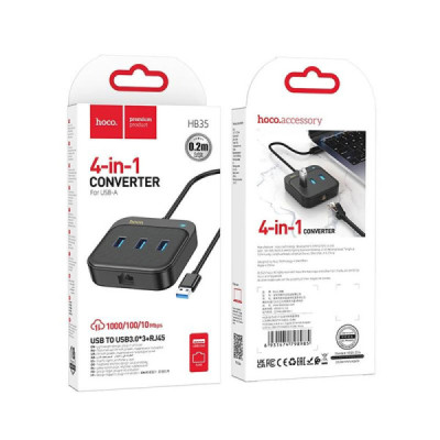 Adaptor USB la 3x USB3.0 + RJ45, 1.2m - Hoco Easy Link (HB35) - Black - 7