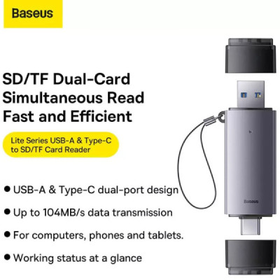 Cititor de carduri USB/Type-C 3.0 la MicroSD, SD - Baseus Lite Series (WKQX060113) - Gray - 3