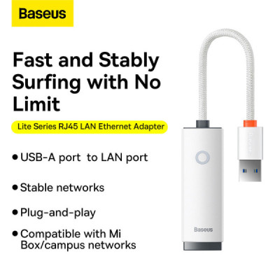 Adaptor USB to RJ45 LAN Port, 1000Mbps - Baseus Lite Series (WKQX000102) - White - 6