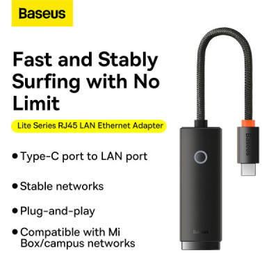 Adaptor USB-C to RJ45 LAN Port, 1000Mbps - Baseus Lite Series (WKQX000301) - Black - 6
