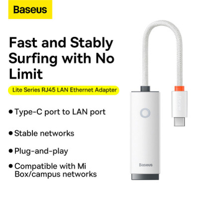 Adaptor USB-C to RJ45 LAN Port, 1000Mbps - Baseus Lite Series (WKQX000302) - White - 6