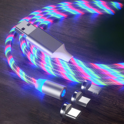 Cablu de Incarcare Magnetic USB la Type-C, Micro-USB, Lightning 1m - Techsuit LED Flowing - White - 1