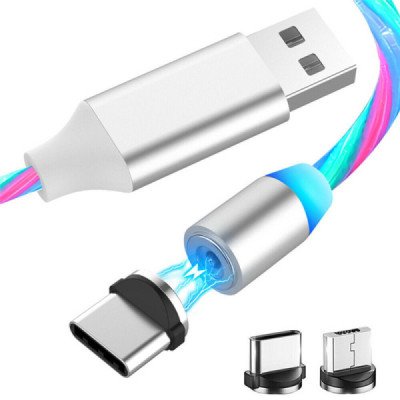 Cablu de Incarcare Magnetic USB la Type-C, Micro-USB, Lightning 1m - Techsuit LED Flowing - White - 2