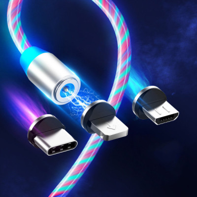 Cablu de Incarcare Magnetic USB la Type-C, Micro-USB, Lightning 1m - Techsuit LED Flowing - White - 3