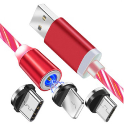 Cablu de Incarcare Magnetic USB la Type-C, Micro-USB, Lightning 1m - Techsuit LED Flowing - Red - 2