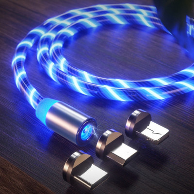 Cablu de Incarcare Magnetic USB la Type-C, Micro-USB, Lightning 1m - Techsuit LED Flowing - Blue - 1