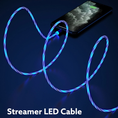 Cablu de Incarcare Magnetic USB la Type-C, Micro-USB, Lightning 1m - Techsuit LED Flowing - Blue - 2