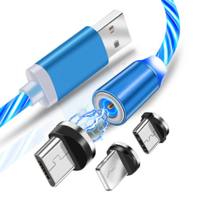 Cablu de Incarcare Magnetic USB la Type-C, Micro-USB, Lightning 1m - Techsuit LED Flowing - Blue - 3