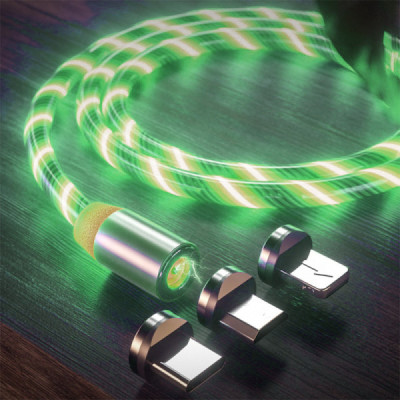 Cablu de Incarcare Magnetic USB la Type-C, Micro-USB, Lightning 1m - Techsuit LED Flowing - Green - 1