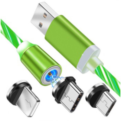 Cablu de Incarcare Magnetic USB la Type-C, Micro-USB, Lightning 1m - Techsuit LED Flowing - Green - 2