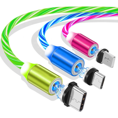 Cablu de Incarcare Magnetic USB la Type-C, Micro-USB, Lightning 1m - Techsuit LED Flowing - Green - 4