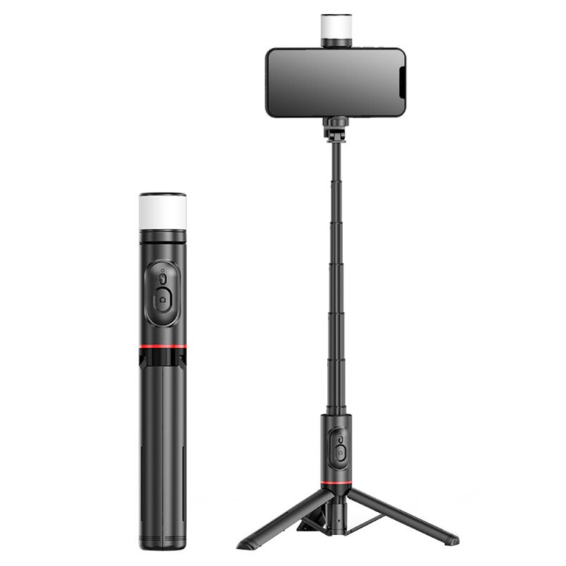 Selfie stick cu telecomanda, trepied LED Techsuit Q12S, negru - 1