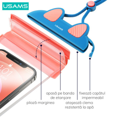 Husa Waterproof pentru Telefon 7 inch - Usams Bag (US-YD010) - Blue/Pink - 6