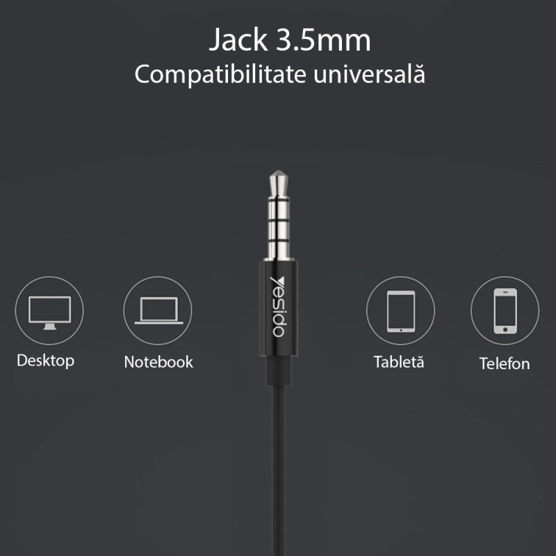Casti cu fir in-ear Yesido YH16, stereo, microfon, Jack 3.5mm, 1.2m, negru - 5