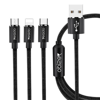 Cablu de Date 3in1 USB la Lightning, Type-C, Micro USB 60W, 3A, 1.2m - Yesido (CA60) - Black - 1