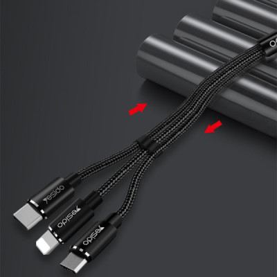Cablu de Date 3in1 USB la Lightning, Type-C, Micro USB 60W, 3A, 1.2m - Yesido (CA60) - Black - 2
