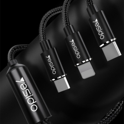 Cablu de Date 3in1 USB la Lightning, Type-C, Micro USB 60W, 3A, 1.2m - Yesido (CA60) - Black - 5