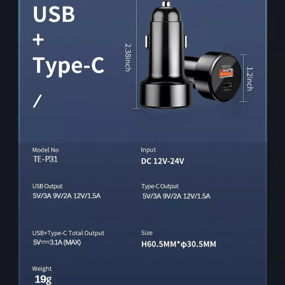 Incarcator Auto USB-A, QC 3.0, USB-C, 38W, Techsuit CAPD028, Negru - 5