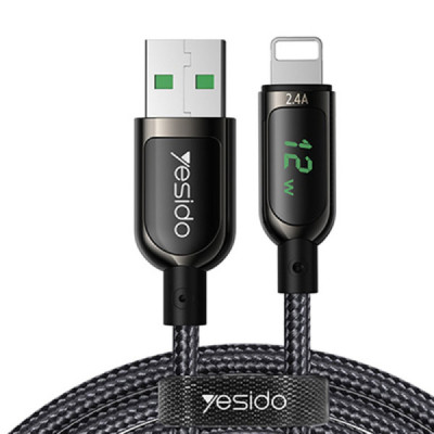 Cablu de Date USB la Lightning 2.4A, Display Digital , 1.2m - Yesido (CA84) - Black - 1