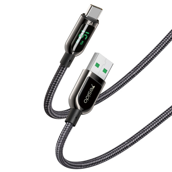 Cablu de Date USB la Type-C, 66W, 5A, Display Digital, 1.2m - Yesido (CA85) - Black