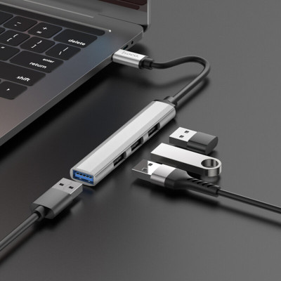 Hub USB type C la 3 x USB 2.0, USB 3.0 Hoco HB26, argintiu - 3