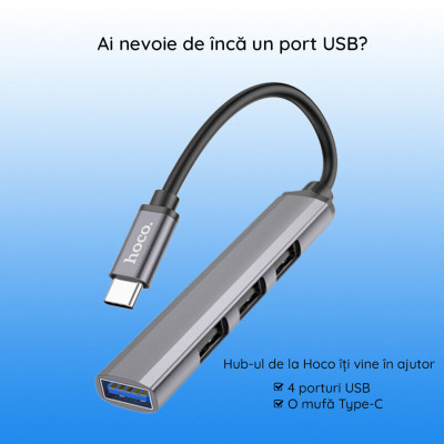 Hub USB type C la 3 x USB 2.0, USB 3.0 Hoco HB26, argintiu - 7