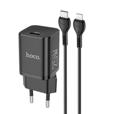Incarcator USB-C, PD 25W, QC 3.0, 3A + Cablu Type-C la Lightning, 1m - Hoco Rigorous (N19) - Black - 1