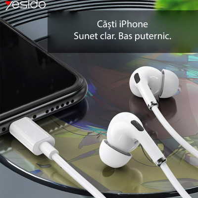 Casti iPhone in-ear cu fir Yesido YH36, stereo, Lightning, alb - 5
