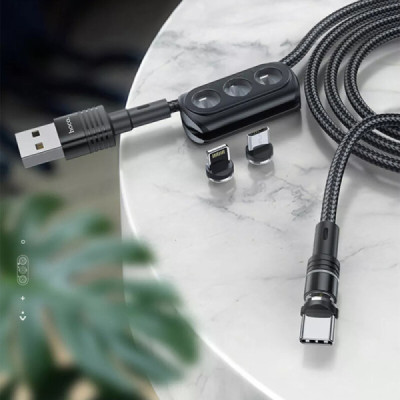 Cablu de Incarcare USB-A la Lightning, Type-C, Micro-USB 20W, 2.4A, 1.2m - Hoco Sunway (U98) - Black - 6