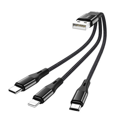 Cablu de Incarcare 3in1 USB-A la Lightning, Type-C, Micro-USB 12W, 2.4A, 0.25m - Hoco Harbor (X47) - Black - 1