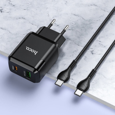 Incarcator Priza USB-A, Type-C, Q.C 3.0, PD 20W, 3A + Cablu Type-C - Hoco Favor (N5) - Black - 6