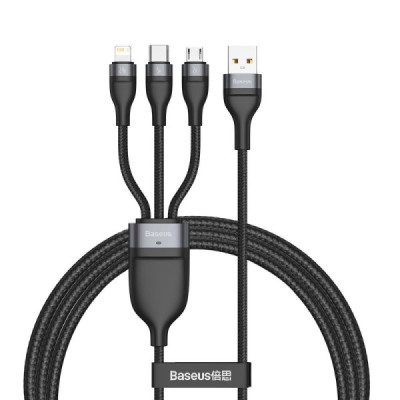Cablu de Date USB la Lightning, Micro-USB, Type-C 66W, 1.2m - Baseus Flash Series (CA1T3-G1) - Gray - 1