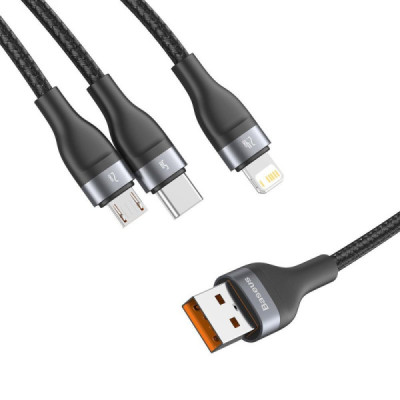 Cablu de Date USB la Lightning, Micro-USB, Type-C 66W, 1.2m - Baseus Flash Series (CA1T3-G1) - Gray - 2