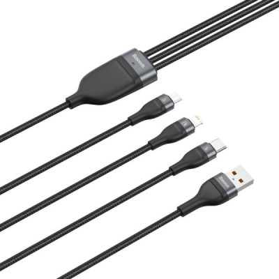 Cablu de Date USB la Lightning, Micro-USB, Type-C 66W, 1.2m - Baseus Flash Series (CA1T3-G1) - Gray - 3