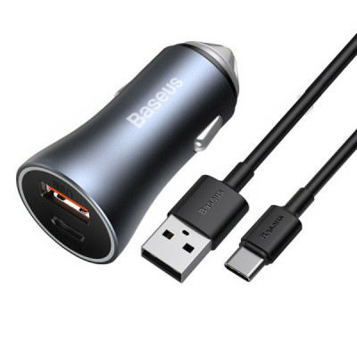 Incarcator Auto USB, Type-C, 40W + Cablu Type-C - Baseus (TZCCJD-0G) - Dark Gray - 1