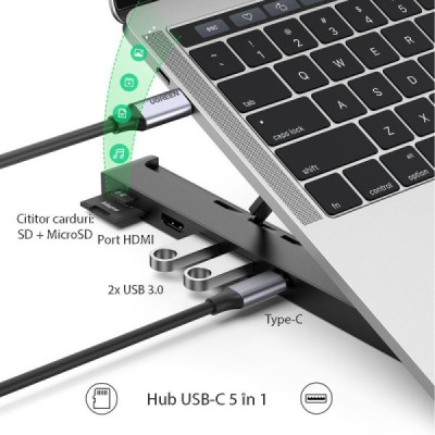 Suport Laptop + Hub Type-C la 2xUSB, HDMI, card SD, Card TF - Ugreen (80551) - Black - 2