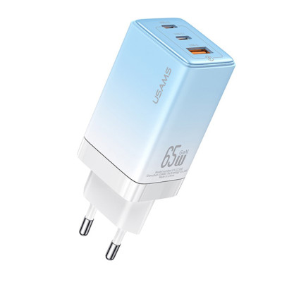 Incarcator GaN Fast Charge 65W 2x tip C, USB, Usams, albastru, US-CC180 - 1